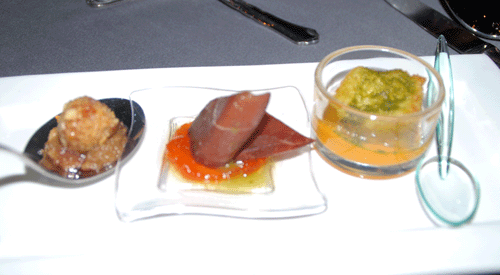 Aperitivo: Bombón de foie almendrado sobre chutney de uvas pasas al Pedro Ximenez - Taquito de bacalao crujiente con emulsi´n de calabaza picante - Canelón de cecina con queso fresco y mermelada de tomate al basilico.