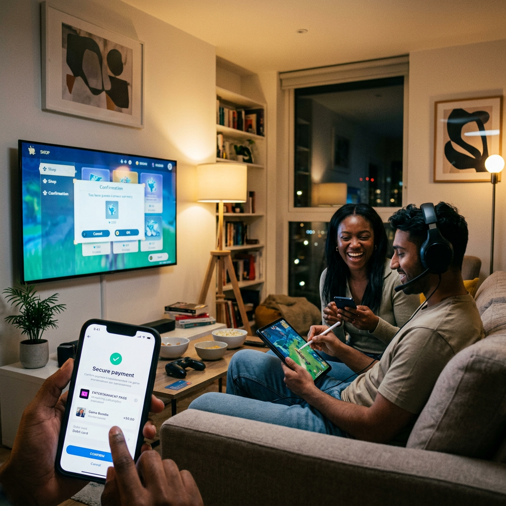 Two people playing video games with tablet and phone, hand holding phone showing secure payment screen