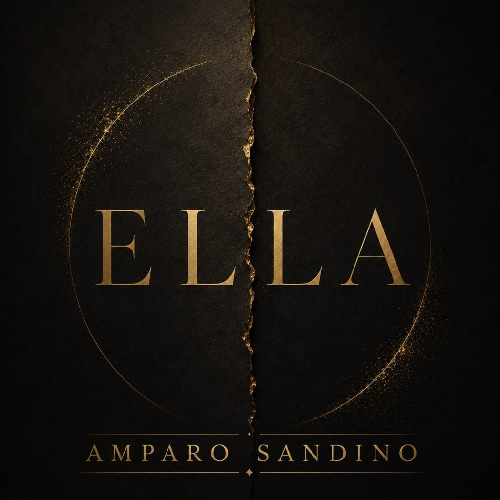 A dark textured background featuring the word 'ELLA' in large gold lettering, with the name 'AMPARO SANDINO' below in smaller font, separated by a torn edge design.