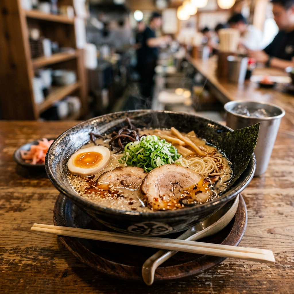 Steaming bowl of ramen with egg, pork, green onions, seaweed, and noodles