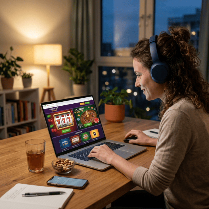 Woman wearing headphones playing casino games on a laptop